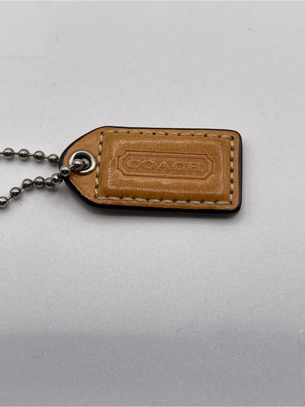 Coach Tan Leather Hang Tag Keychain with Silver Chain